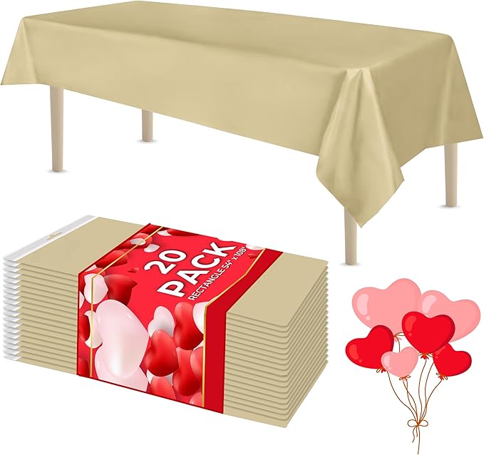 LEMON + Co. Beige Rectangle Table Cover Disposable Plastic Tablecloth 54 Inch. x 108 Inch. Premium Decorative Rectangle Table Cover 20 Pack