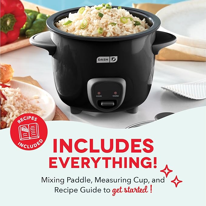 DASH Mini Rice Cooker Steamer with Removable Nonstick Pot, Keep Warm Function & Recipe Guide, One Half Quart, for Soups, Stews, Grains & Oatmeal - Black