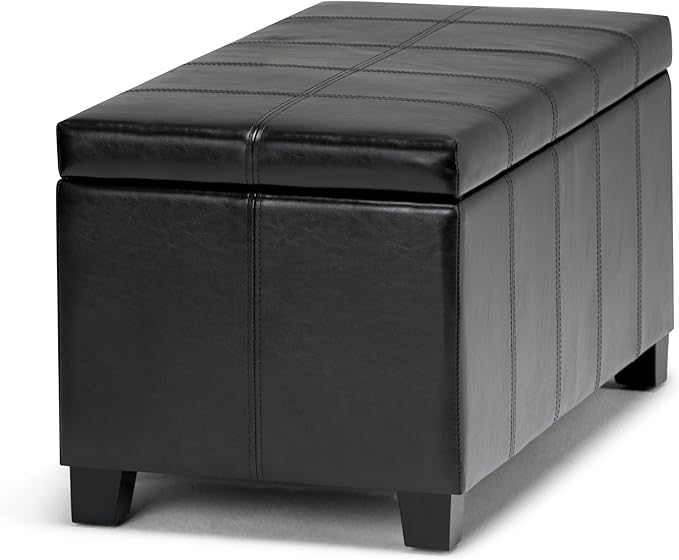 SIMPLIHOME Dover Storage Ottoman Bench - 36 inch Wide Upholstered Vegan Leather Rectangular Lift-Top Ottoman in Midnight Black, Contemporary Bench for Living Room with Safety Hinges