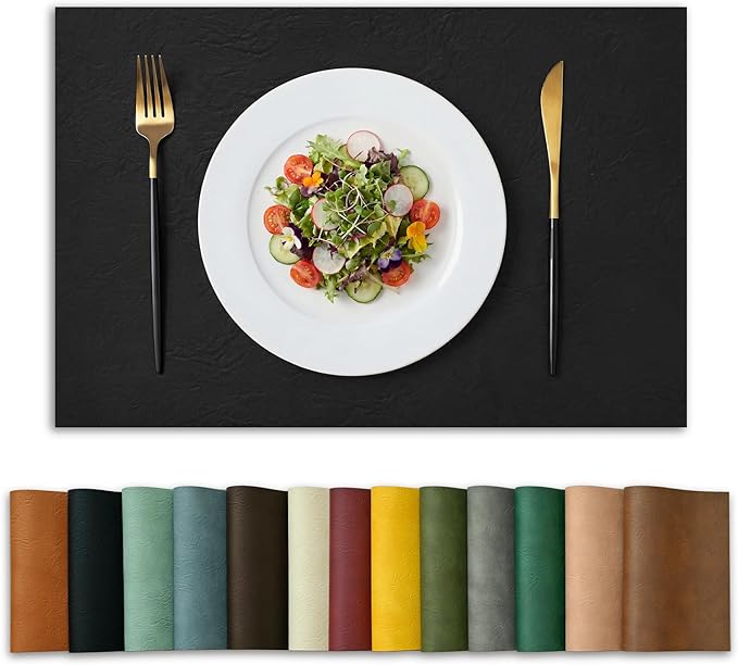 Artoid Mode Black Faux Leather Placemats Set of 4, 12x18 Inch Waterproof Wipeable Heat Resistant Place Mats, Reversible Table Mats for Kitchen Dining Decor