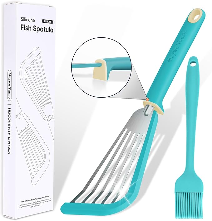 Fish Spatula,600??Heat Resistant Silicone Fish Spatula with Basting Brush,for Nonstick Cookware,Flexible Slotted Fishs Turner Spatulas,BPA Free,Dishwasher Safe(Aqua Sky)