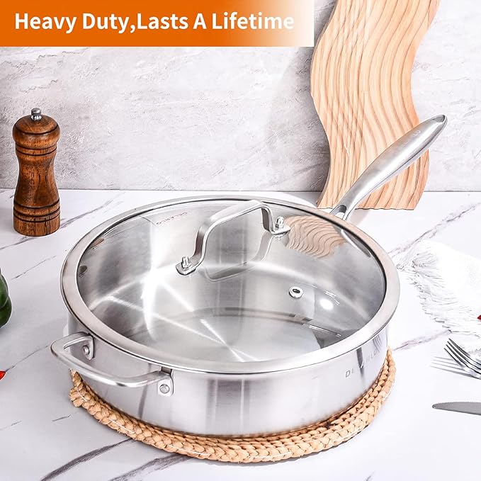 DELARLO Tri-Ply Stainless Steel Frying Pan,12 inch Skillet with Lid,6 Quart Saute Pan,Compatible with All Cooktops,Oven Up to 660??Chicken Fryer,Dishwasher-Friendly