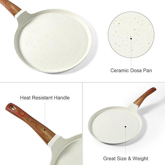 Crepe Pan, Ceramic 11 Inch Dosa Pan, Nonstick Dosa Tawa for All Stove, Tortilla Pan, White Pancake Pan, PFOA PFAS PTFE Free
