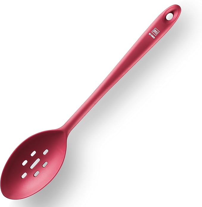 DI ORO Silicone Slotted Spoon - 600째F High Heat Silicone Spoon for Cooking Nonstick Cookware Safe - Silicone Kitchen Spoon for Serving & Stirring - Large Spoon for Mixing - Dishwasher Safe (Red)