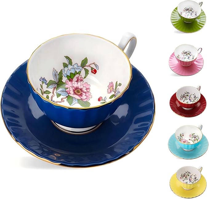 Aynsley Pembroke Glaze Oban 2-Piece Fine Bone China Teacup & Saucer - 6oz (180ml), Handpainted Floral with Gold Trim - Vintage Gift Set -Blue