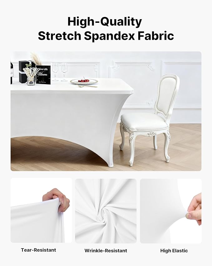 VEVOR 10 Pack Table Cloth for 6FT Rectangular Fitted Events, Wrinkle-Resistant Stretch White Table Covers, Washable Spandex Tablecloth Protector, for Party, Wedding, Cocktail, Banquet, Festival