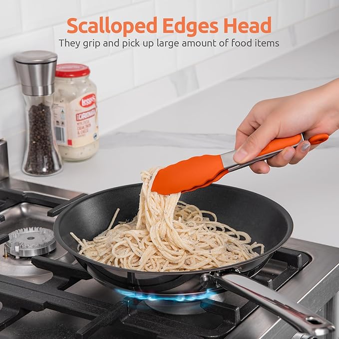 600쨘F Heat Resistant Kitchen Tong: U-Taste 7 inch Silicone Cooking Tong with Firm Sealed Non Stick Rubber Tips & Silicon Coated 18/8 Stainless Steel Handle & Smooth Locking for Serving Salad (Orange)