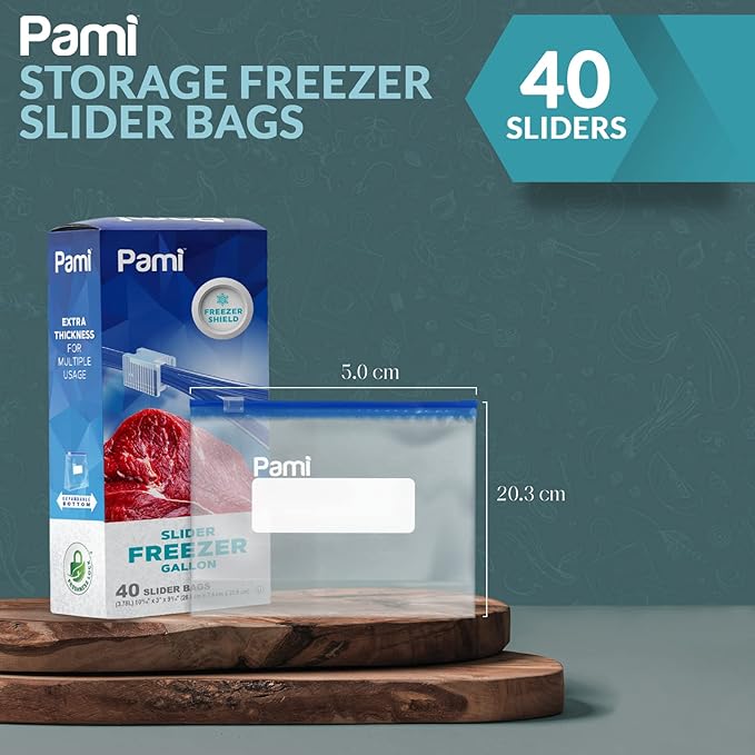 PAMI Slider Gallon Freezer Bags [40 Pack], Leakproof Freshness-Lock Food-Safe Storage with Expandable Bottom