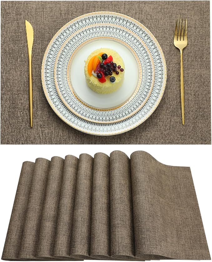 LQICAI Placemats Set of 6 Washable Heat Resistant Place Mats PVC Woven Dining Table Mat Brown 6pcs