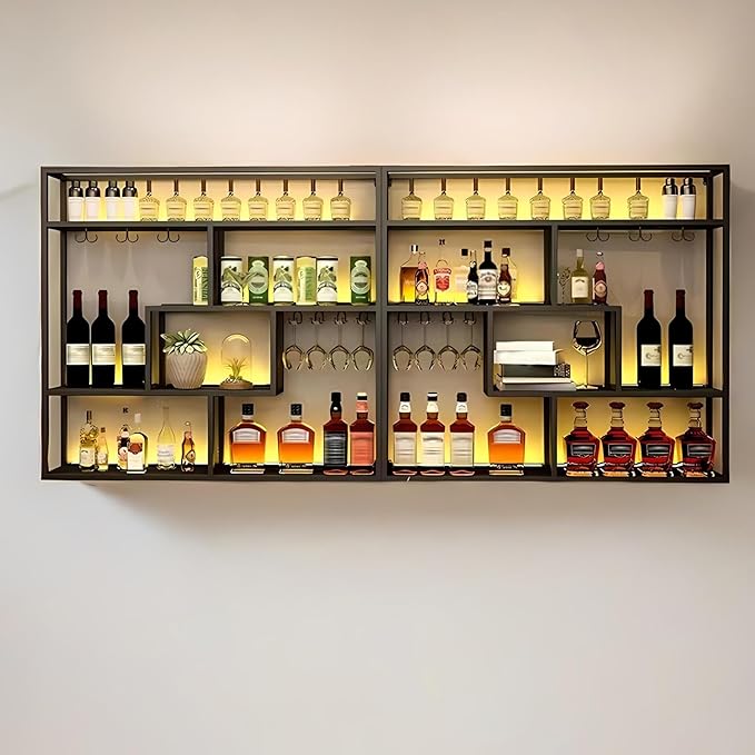 47.2in Large Wall Mounted Wine Rack, 4 Tier Wall Mount Bottle Rack with Glass Holder, Industrial Metal Floating Bar Liquor Bottles Display Storage Shelf for Dining Room, Kitchen (Black, Left ,47.2in)