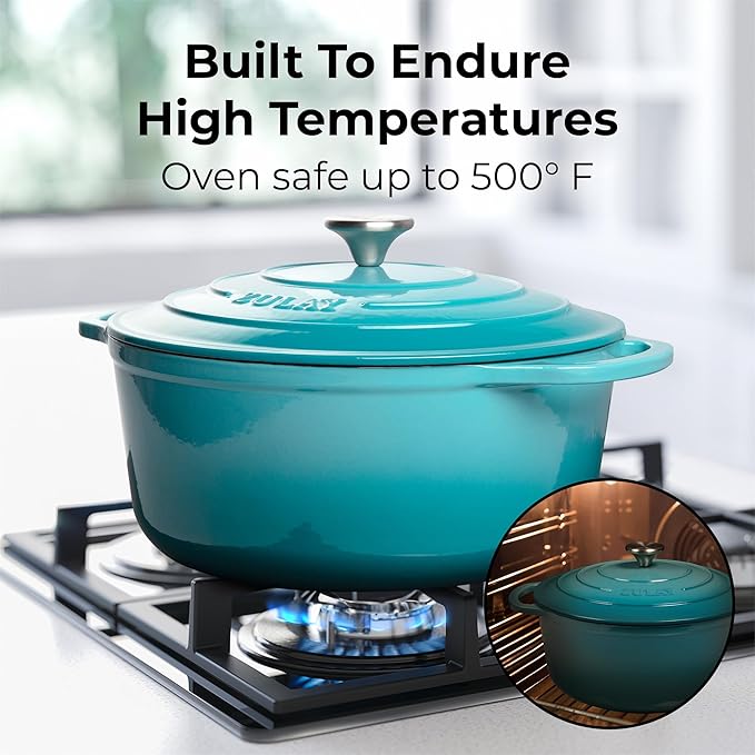 Zulay Kitchen 6 Quart Enameled Cast Iron Dutch Oven with Lid ??Premium Durability & Oven Safe up to 500째F ??Heavy Duty Cookware Perfect for Bread Baking, Stews, Braising & Roasting ??Light Blue