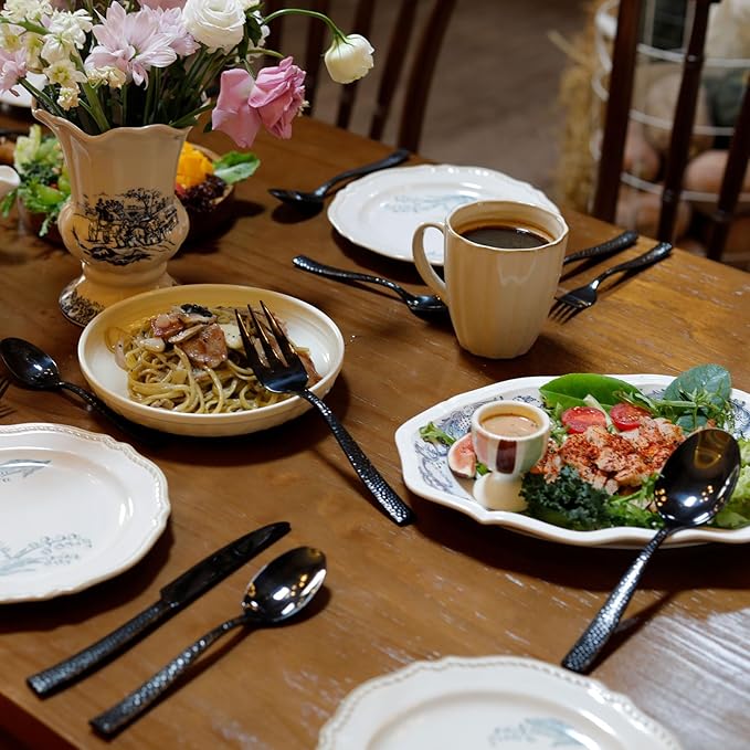 Flatware Set Black Hammered 45 Pieces Stainless Steel Cutlery Set Silverware Serving Set Service for 8 Home Event Use Wedding Housewarming Gift