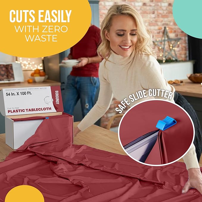 Exquisite Burgundy Plastic 54x100in Table Cover Roll with Built-in Cutter - 100 Feet, Rectangular, Disposable, All-Season, 1 Count
