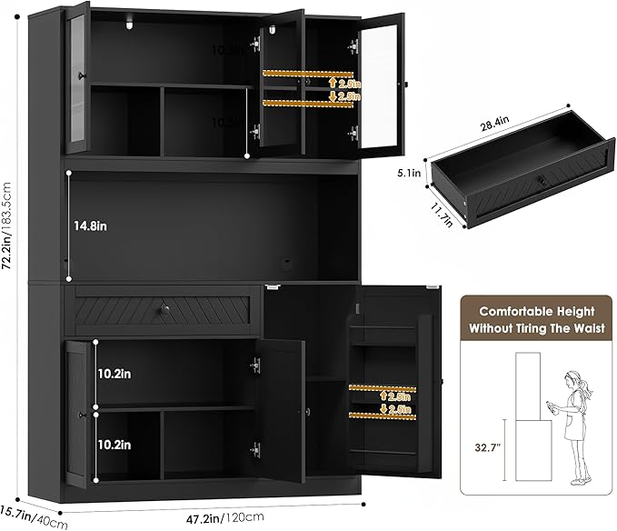 72??Tall Kitchen Pantry Storage Cabinet, Modern White Kitchen Hutch with Large Storage Drawer, Countertop, Adjustable Shelves, Food Pantry Cabinets for Dining Room, Living Room (Black)