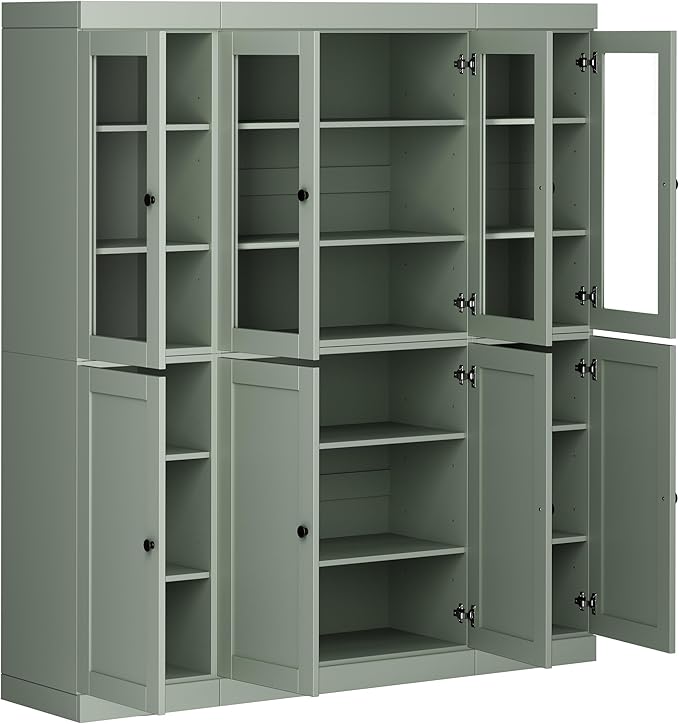 Palace Imports 100% Solid Wood Kitchen China Pantry Cabinet, 65" W - 4 Clear Glass & 4 Shaker Doors, Renewable Eco-Friendly Wood, Made in Brazil (Sage, 8 China/Shaker Doors | NO Drawers)