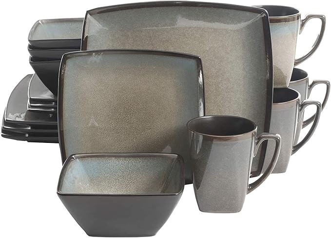 Gibson 101859.16RM Elite Tequesta 16 Piece Square Glazed Durable Dinnerware Set with Plates, Bowls, & Mugs, Microwave/Dishwasher Ready, Taupe (3 Pack)