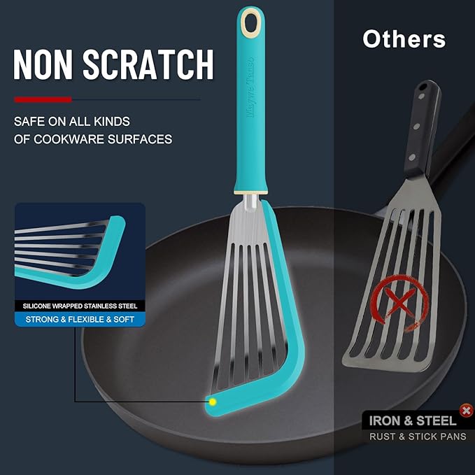 Fish Spatula,600??Heat Resistant Silicone Fish Spatula with Basting Brush,for Nonstick Cookware,Flexible Slotted Fishs Turner Spatulas,BPA Free,Dishwasher Safe(Aqua Sky)