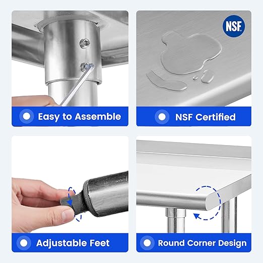 Hally Stainless Steel Table for Prep & Work 24 x 24 Inches, NSF Commercial Heavy Duty Table with Undershelf and Backsplash for Restaurant, Home and Hotel