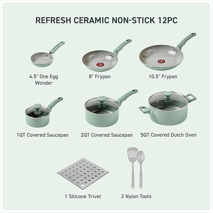 T-Fal Refresh Ceramic Nonstick Cookware Set, Oven Safe Up to 350쨘F, 12-Piece, Includes Stockpot, Griddle, Frying Pans, Utensils, Ceramic Pots and Pans Set, Mint Green