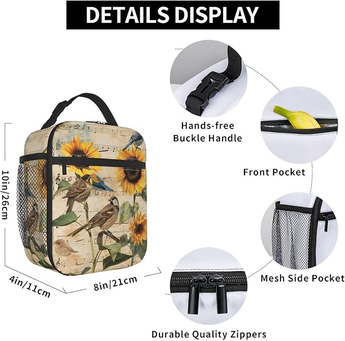 VANZEV Vintage Bird Print Insulated Lunch Box Gifts for Kids Adults Sunflower and Musical Note Design Reusable Portable Lunchbox Cooler Lunchbag for Work Picnic School Travel or Hiking