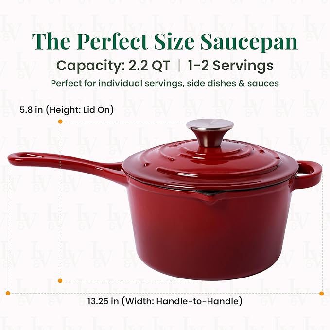 Larder & Vine Enameled Cast Iron Saucepan | 2.2 qt Sauce Pan with Lid | Saucepan with Pour Spouts | Enameled Cast Iron Pot Compatible on All Cooktops & Oven Safe to 500째 F | Cabernet