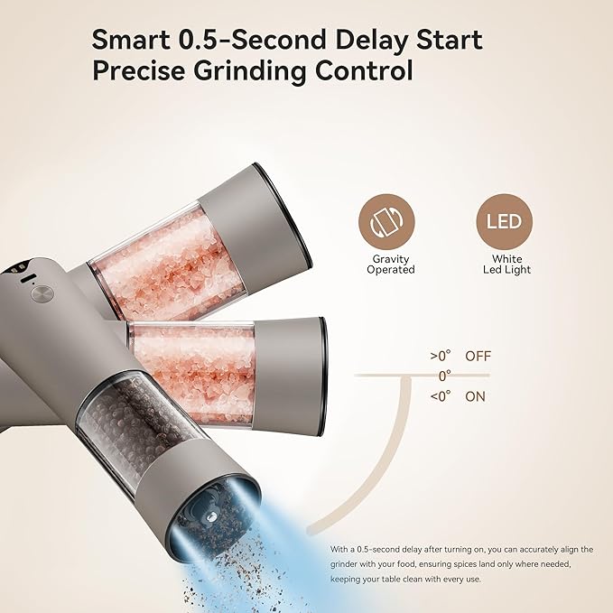 Electric Salt and Pepper Grinder Set ??Rechargeable Pepper Mill with USB-C Charging Base, Dual LED Light, Automatic One-Handed Mill for Kitchen & Cooking, Cream Brown Design, 2 Pack