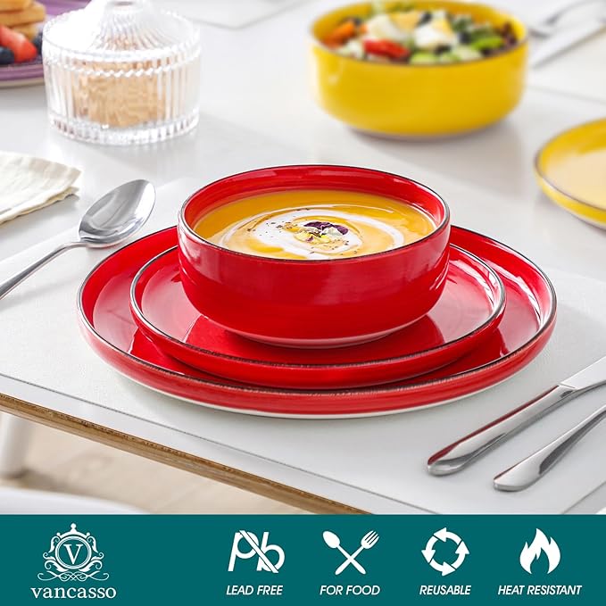 vancasso Bonita Stoneware Dinnerware Sets, 12 Pieces Dishes Set竊똏olished Round Plates and Bowls Set for 4, Dishwasher and Microwave Safe, Multicolor