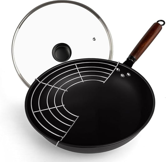 13-inch Round-Bottom Deep-Nitrided Carbon Steel Wok with Tempered Glass Lid & 304 Stainless Steel Rack, Naturally Nonstick After Seasoning, for Induction Wok Cooktops & Gas Stoves