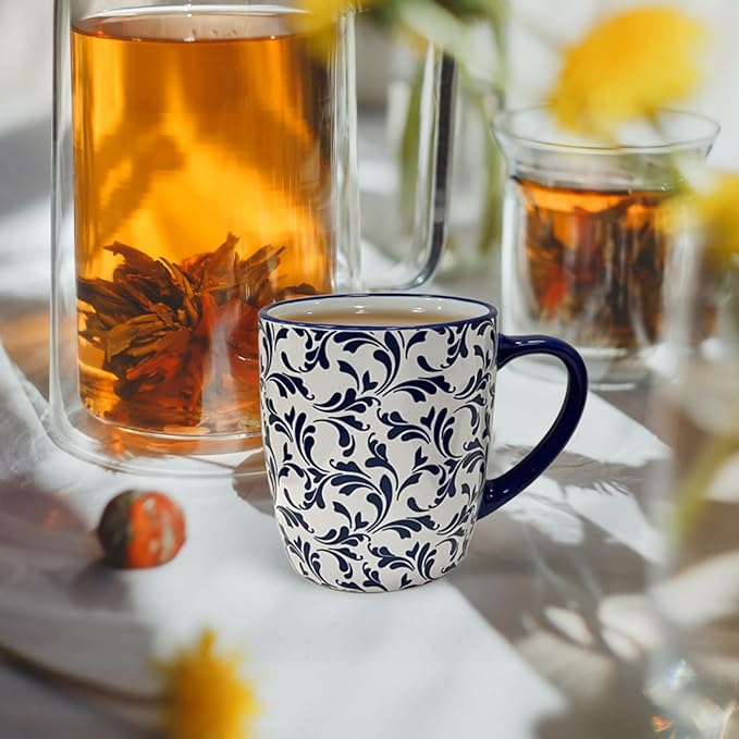 Schliersee 18 OZ Large Coffee Mugs Set of 6, Ceramic Mug for Man Woman, Blue White Geometric Floral Porcelain Cup for Latte, Tea, Cappuccino, Mocha, Cocoa, Housewarming Wedding Mug Present