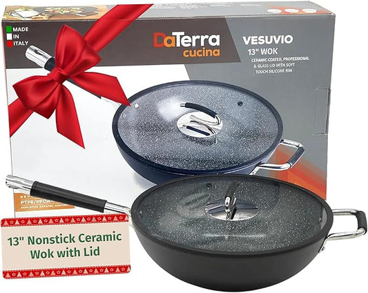 DaTerra Cucina - Nonstick Ceramic Wok with Lid - Made in Italy - High Heat Resistant Nonstick Cookware - Oven Safe, PTFE, Cadmium, Lead & PFOA free - Volcanic Black Speckled 13