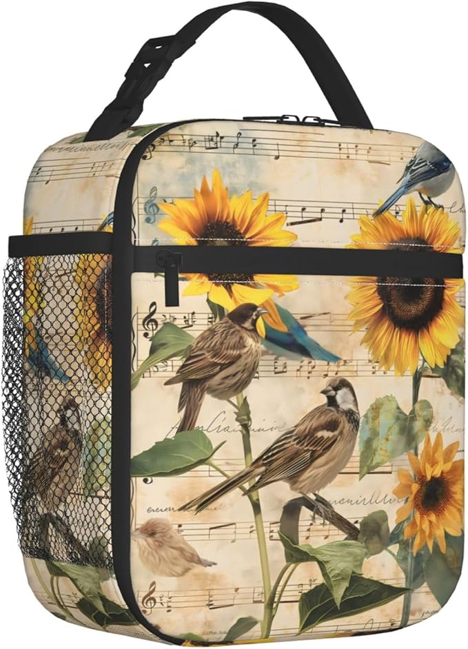 VANZEV Vintage Bird Print Insulated Lunch Box Gifts for Kids Adults Sunflower and Musical Note Design Reusable Portable Lunchbox Cooler Lunchbag for Work Picnic School Travel or Hiking