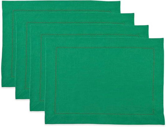 Solino Home Linen Cloth Placemats Set of 4-100% Pure Linen Hemstitch Emerald Green Placemats 14 x 19 Inch - Classic Hemstitch Table Place Mats for St Patricks Day