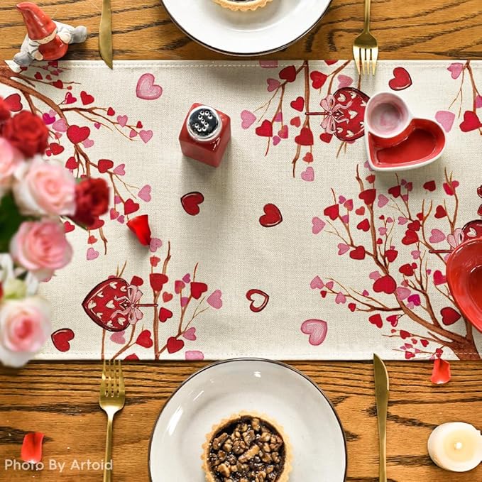 Artoid Mode Stripe Heart Valentine's Table Runner, Be My Valentine Anniversary Kitchen Dining Table Decoration for Home Party Decor 13x72 Inch