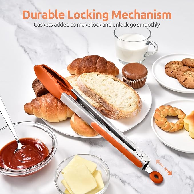 600쨘F Heat Resistant Kitchen Tongs: U-Taste 12 inch Large Silicone Cooking Tong with Sturdy Non Stick Rubber Tips & Silicon Coated 18/8 Stainless Steel Handle & Smooth Locking for Serving Grill-Orange