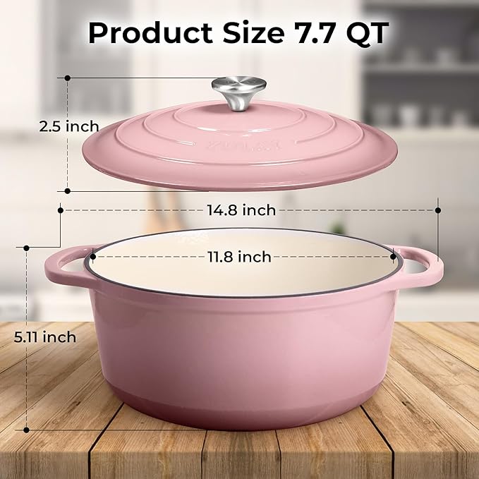 Zulay Kitchen 7.7 Quart Enameled Cast Iron Dutch Oven Pot with Lid ??Premium Durability & Oven Safe up to 500째F ??Heavy Duty Cookware Perfect for Bread Baking, Stews, Braising & Roasting ??Pink