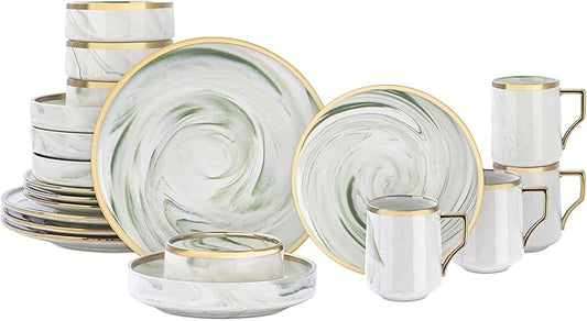Fine China Artisan Marbled 20pc Dinner Set, Green with Gold Line