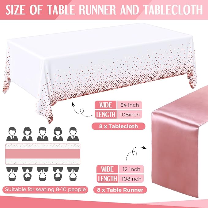 Tudomro 16 Pcs White and Rose Gold Disposable Plastic Tablecloths and Satin Table Runner Set 54x108 Inch Tablecloth 12x108 Inch Table Runners for New Year Wedding Birthday Baby Shower Graduation