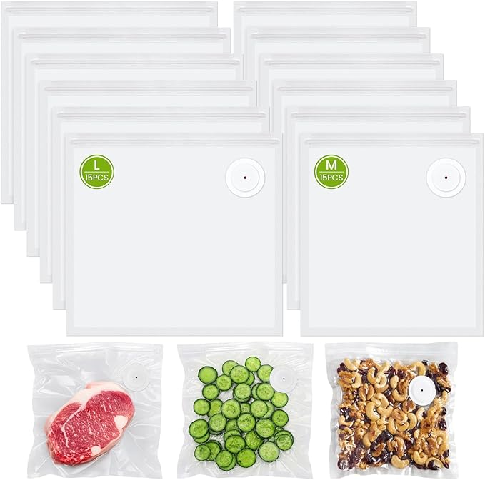 FEPPO Vacuum Sealer Bags for Food,15 PCS 8.3"횞8.7" & 15 PCS 10.2"횞11" Reusable Vacuum Seal Bags with Air Valve for Food Storage, Ideal for Freshness Preservation