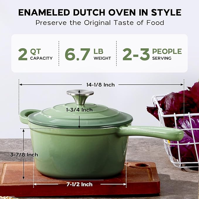 Onader Cast Iron Sauce Pan Pot, 2QT Small Saucepan with Lid, Enameled Cast Iron Dutch Oven Cooking Kitchen Pot ??Pistachio Green