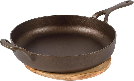 Bloomhouse - Two Time Oprah's Favorite Things Winner - Natural Bronze Finish 12" Cast Iron Skillet w/Long Handle, Helper Handle & Olive Wood Trivet ??Olive Oil Treated Fry Pan, Oven & Stovetop Safe