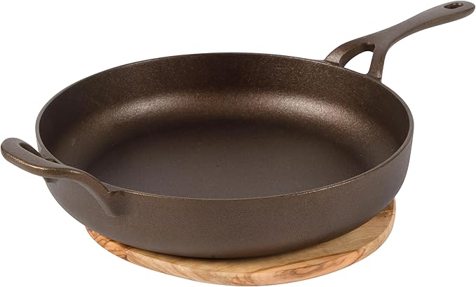 Bloomhouse - Two Time Oprah's Favorite Things Winner - Natural Bronze Finish 10" Cast Iron Skillet w/Long Handle, Helper Handle & Olive Wood Trivet ??Olive Oil Treated Fry Pan, Oven & Stovetop Safe