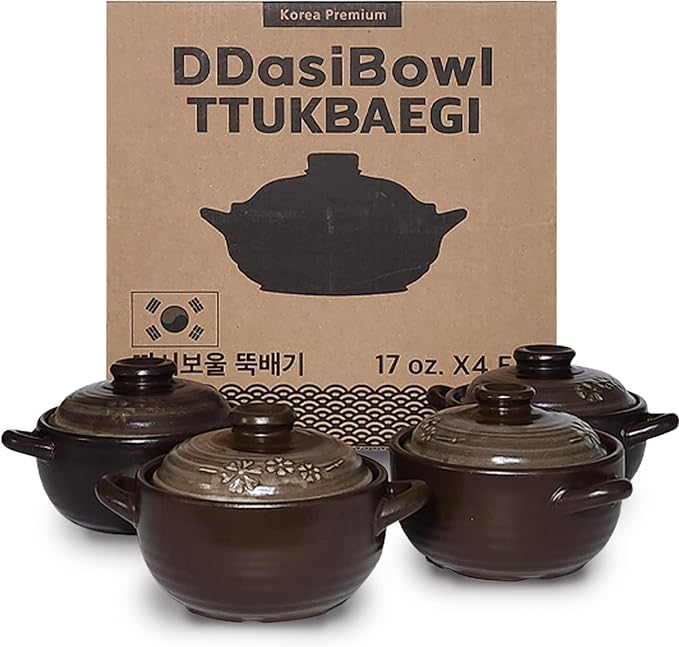 ??4-Pack Korean Clay Pots (17oz / 500ml) with Lids & Handles ??Ttukbaegi Stone Bowls for Cooking Bibimbap, Donabe Style Korean Clay Cookware ??Oven & Stovetop Safe