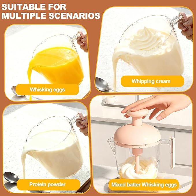 Manual Egg Mixer Ergonomic Press the Egg Beater Cup, Multi-function Blender with Built-in Foam Filter for Beating Eggs, Whipping Cream (Pink)