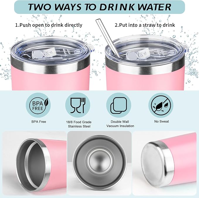 ATIKZHE 20oz Tumbler with Straw and Brush, Stainless Steel Vacuum Insulated tumbler, Double Wall Insulated Coffee Tumbler for Outdoor, Home, Travel,Office (Light Pink,1pcs)