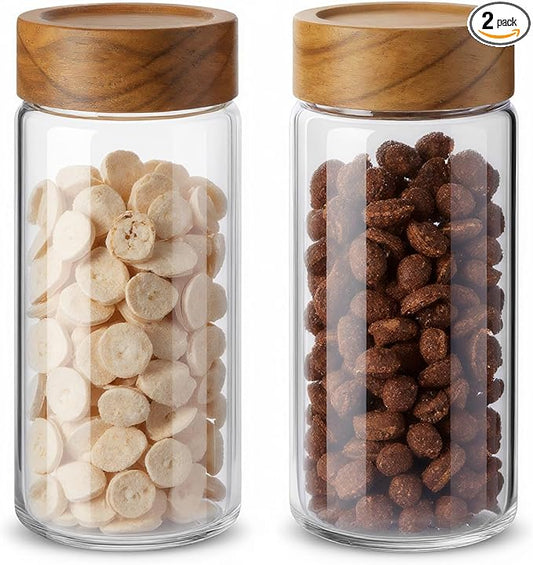 2-Pack 13 oz Glass Mason Jars with Acacia Wood Lids - Sealable, Leakproof, Clear & Stackable Food Storage Containers for Spices, Meal Prep, Flour, Sugar & Snack Storage