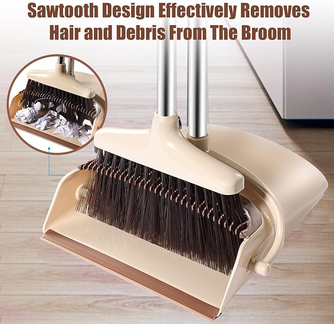 Broom and Dustpan Set with Long Handle ??Upright Standing Broom Combo with Self-Cleaning Teeth & Windproof Dustpan, Floor Sweeper for Home, Kitchen, Pet Hair, Indoor Outdoor Use