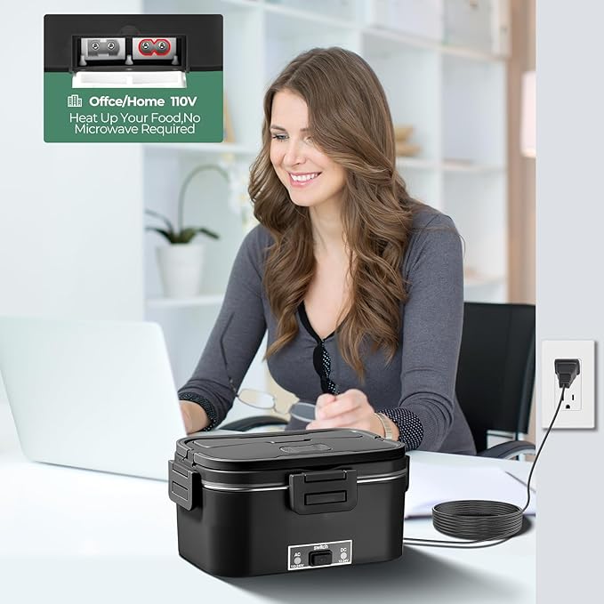 Vidaskeci Electric Lunch Box for Adults 1.8L-80W Heated Lunch Box Food Warmer, ON/OFF Power Switch 12/24V/110V,Car, Truck, Work, Travel(Black) 1.8L Portable Fast Heating