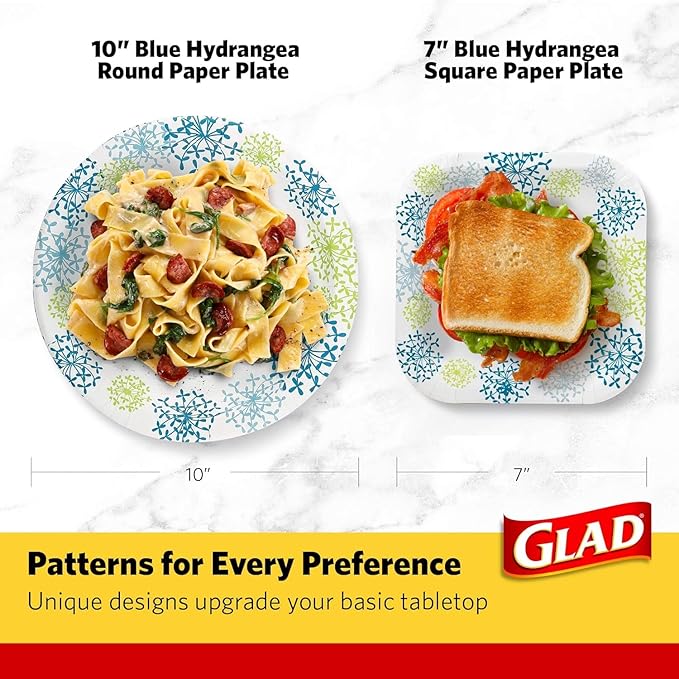 Glad Round Disposable Paper Plates, Blue Hydrangea Pattern - Strong, Sturdy, Soak Proof, and Microwavable Decorative Plates for Dinner and Everyday Use, 10 Inch, 50 Count - 2 Pack