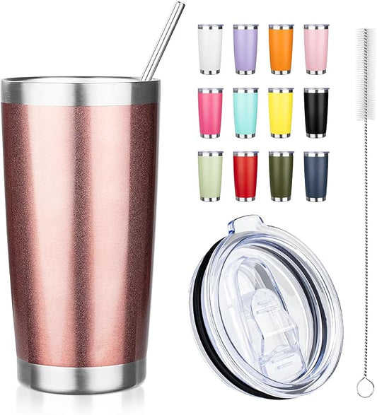 ATIKZHE 20oz Tumbler with Straw and Brush, Stainless Steel Vacuum Insulated tumbler, Double Wall Insulated Coffee Tumbler for Outdoor, Home, Travel,Office (Rose Gold,1pcs)