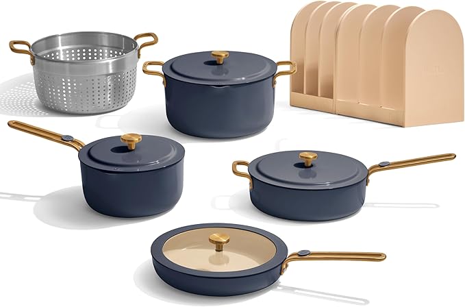 Our Place 11-Piece Essentials Complete Cookware Set - Ceramic Fry Pan, Saucepan, Saut챕 Pan, Stock Pot, Strainer Basket & Rack Storage | Thermakind??Nonstick, Oven Safe up to 450째F | Blue Salt